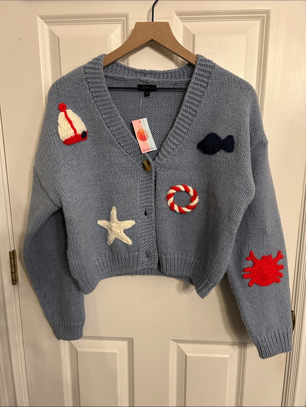 Debut Light Blue V-Neck Cropped Nautical Patch Sweater